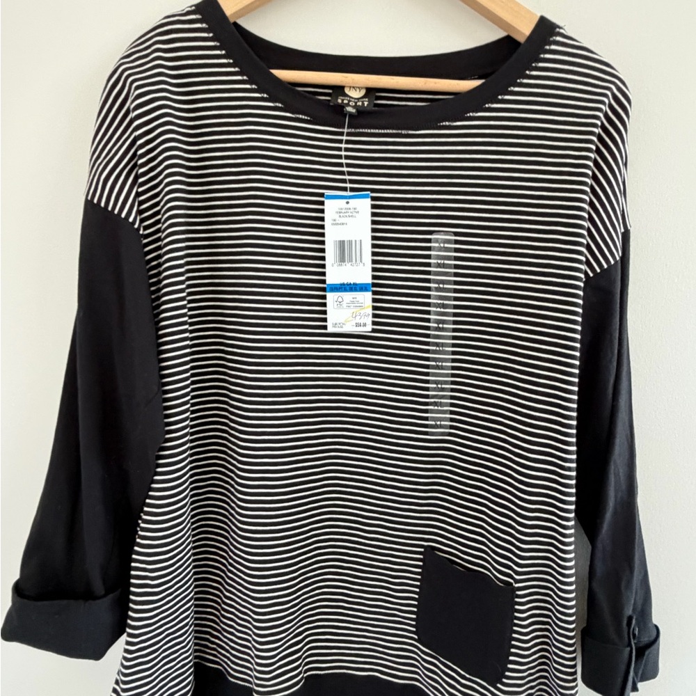 NWT JNY Sport Top XL Black White Striped Minimalist Tunic Classic Timeless‎